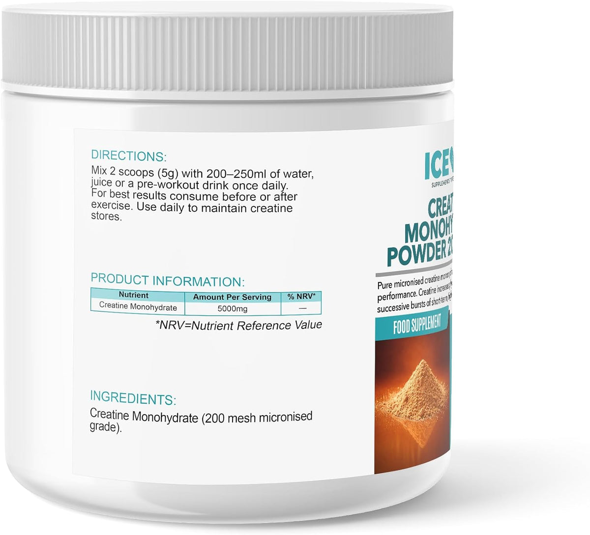 ICEVIT Creatine Monohydrate Powder: Side label showing 5g serving, directions and ingredient