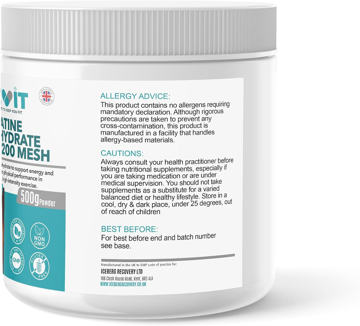 ICEVIT Creatine Monohydrate Powder: Side label showing cautions and storage information