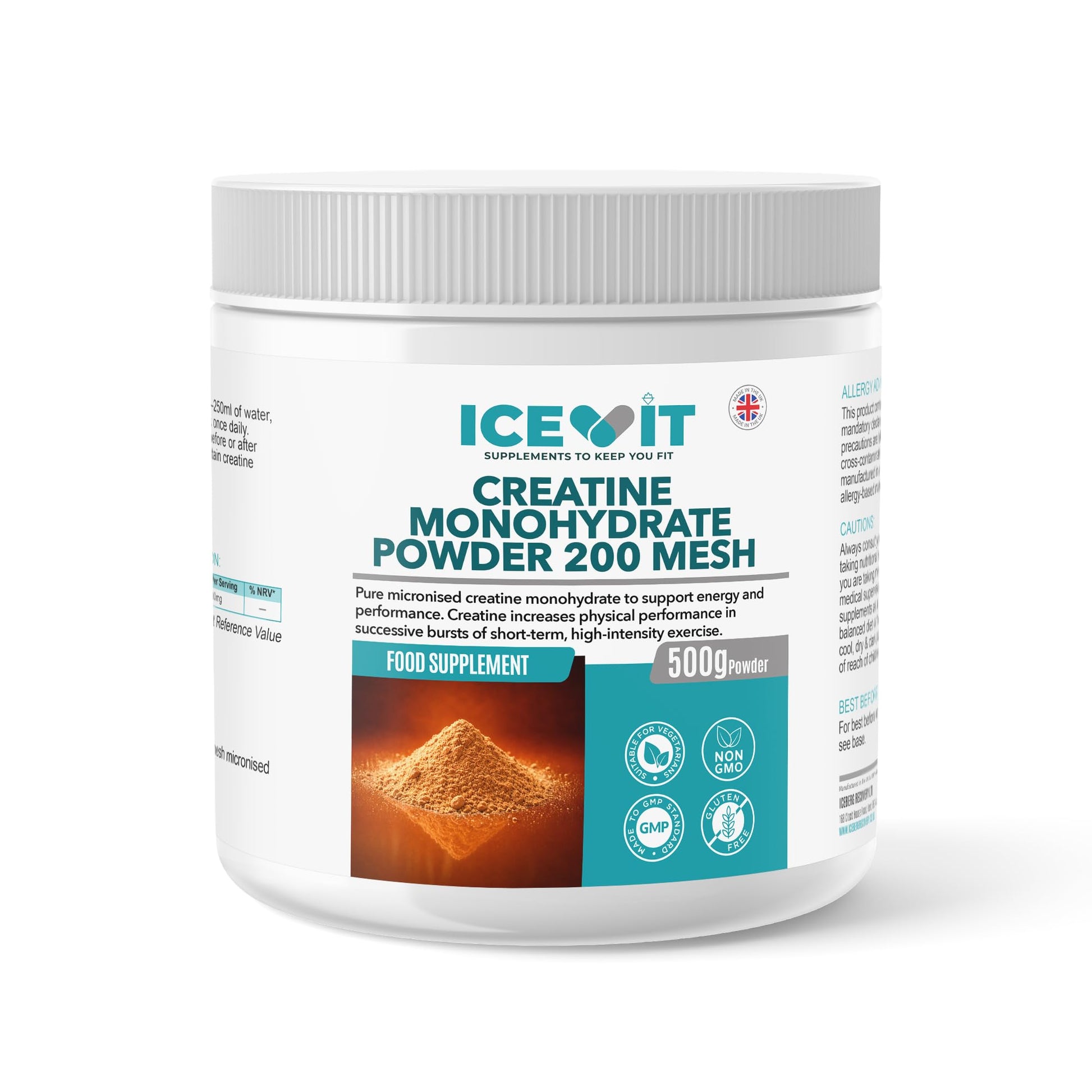 Front view of ICEVIT Creatine Monohydrate Powder tub with label showing 200 mesh micronised powder.