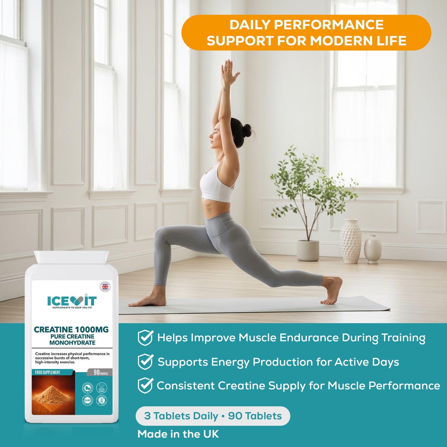 Woman practicing yoga in a bright room with an ICEVIT supplement container and product description text overlay.