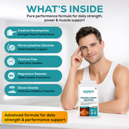 Graphic layout showing clean ingredient list and tablet contents for creatine monohydrate and excipients.