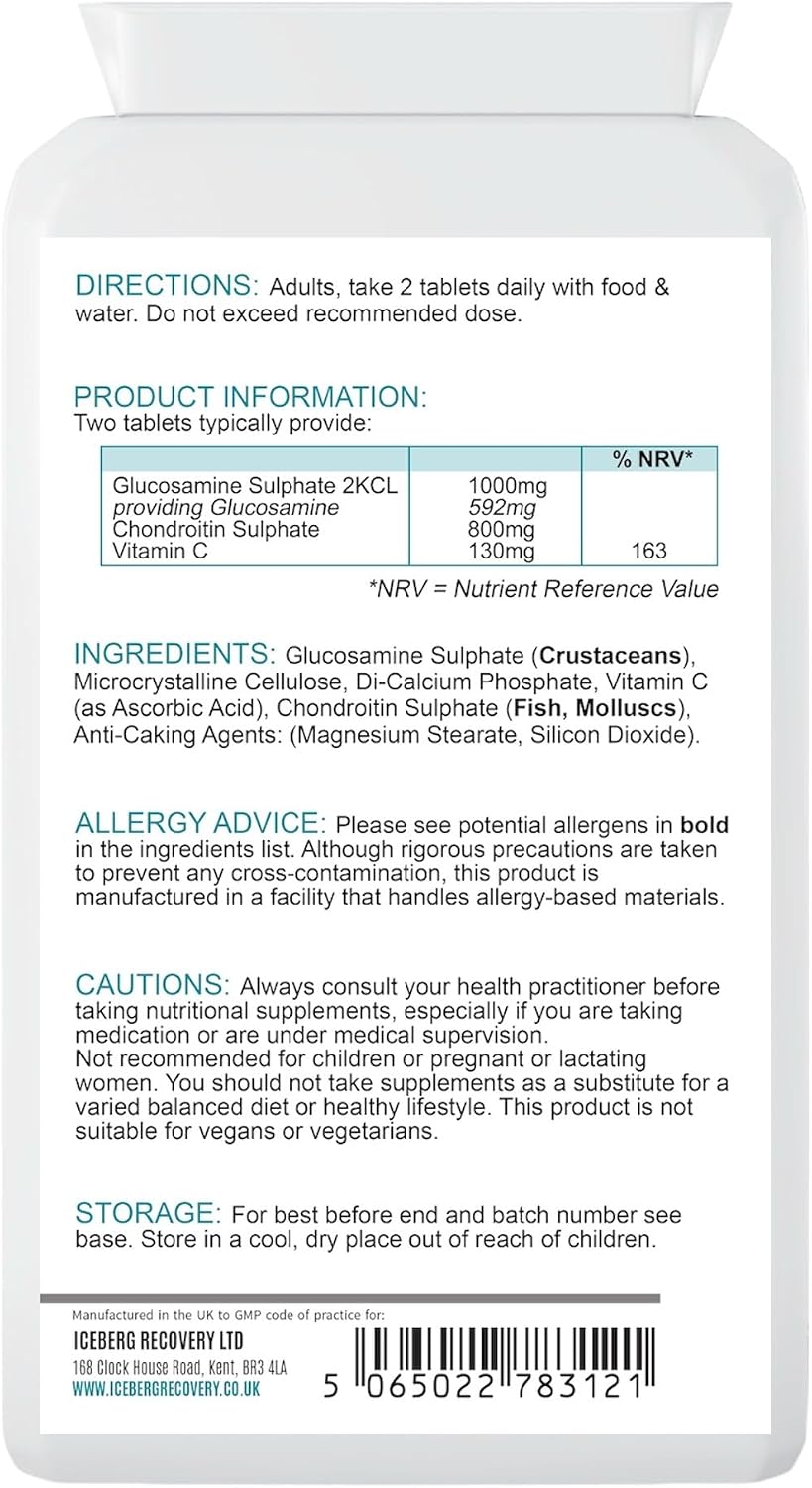 ICEVIT Glucosamine & Chondroitin: Back label showing glucosamine, chondroitin, vitamin C and allergens