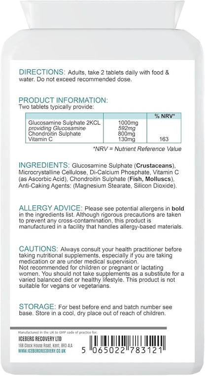 ICEVIT Glucosamine & Chondroitin: Back label showing glucosamine, chondroitin, vitamin C and allergens