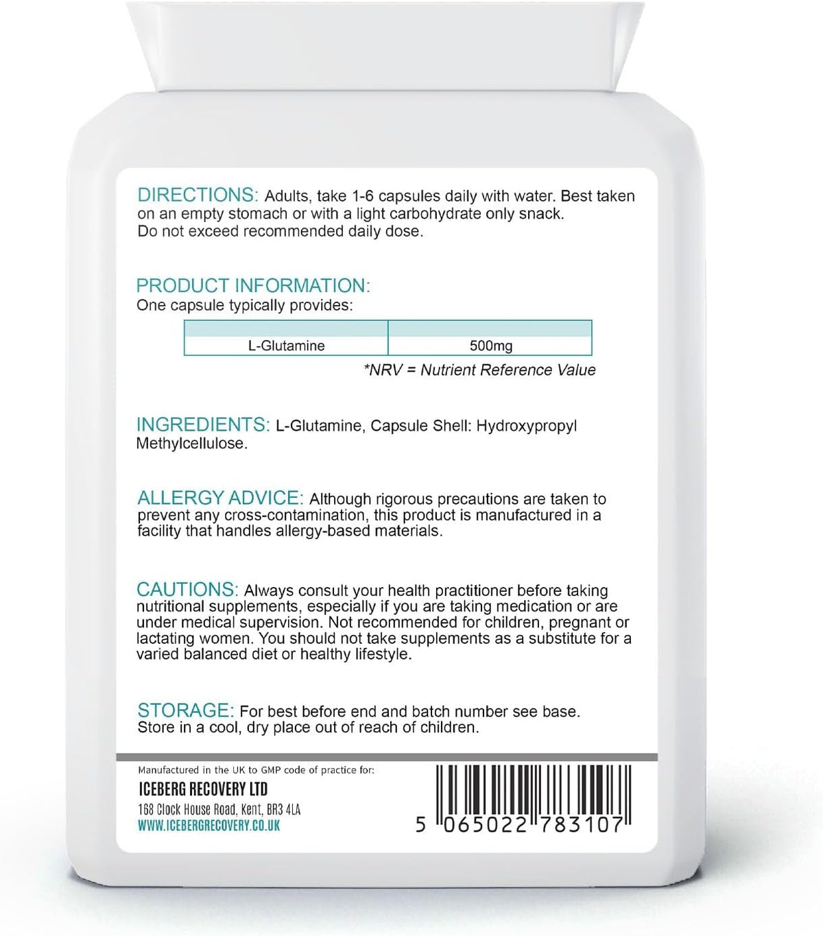 ICEVIT L-Glutamine: Back label showing 500mg L-glutamine, ingredients and directions