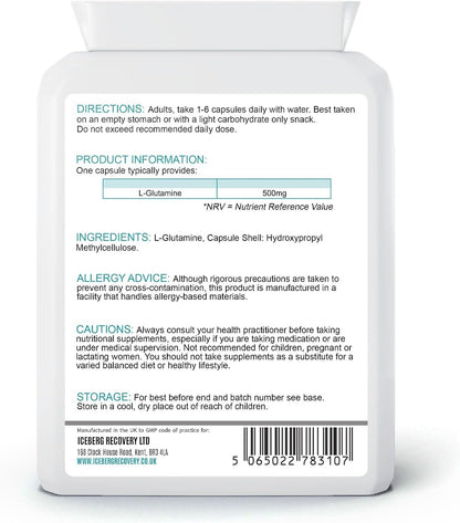 ICEVIT L-Glutamine: Back label showing 500mg L-glutamine, ingredients and directions