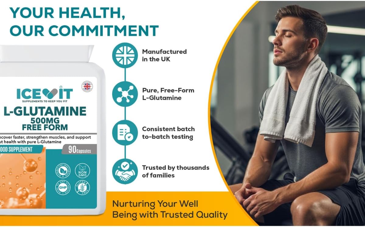 ICEVIT L-Glutamine: UK manufacture panel with man resting at a gym