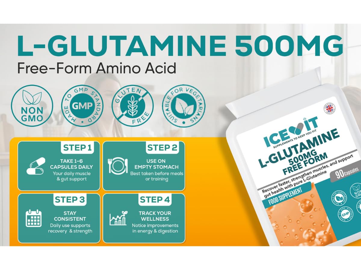 Icevit L-Glutamine supplement packaging with branding and product details.