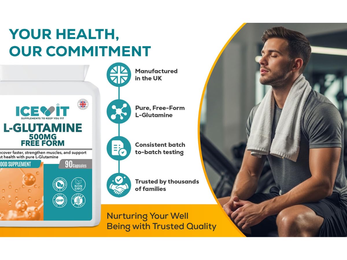 Advertisement for Icevit L-Glutamine supplement with a man sitting and towel around his neck.