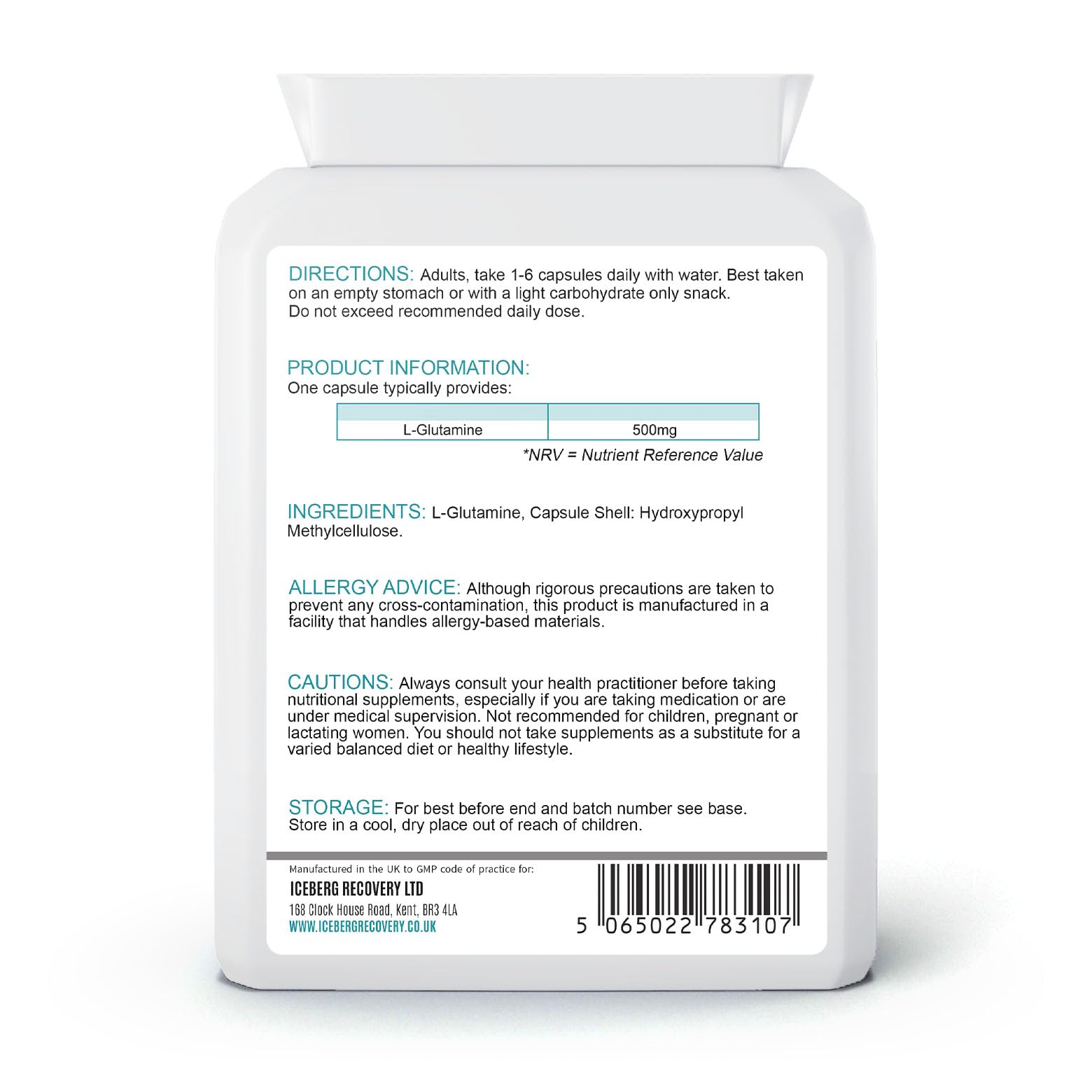 Supplement bottle label with directions, product information, and storage details on a white background