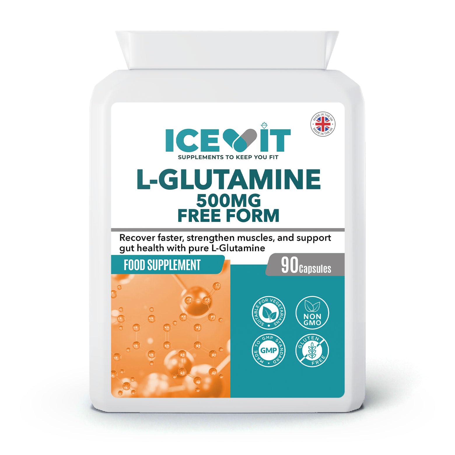 Supplement bottle labeled 'L-Glutamine 500MG Free Form' by ICEVIT on a white background
