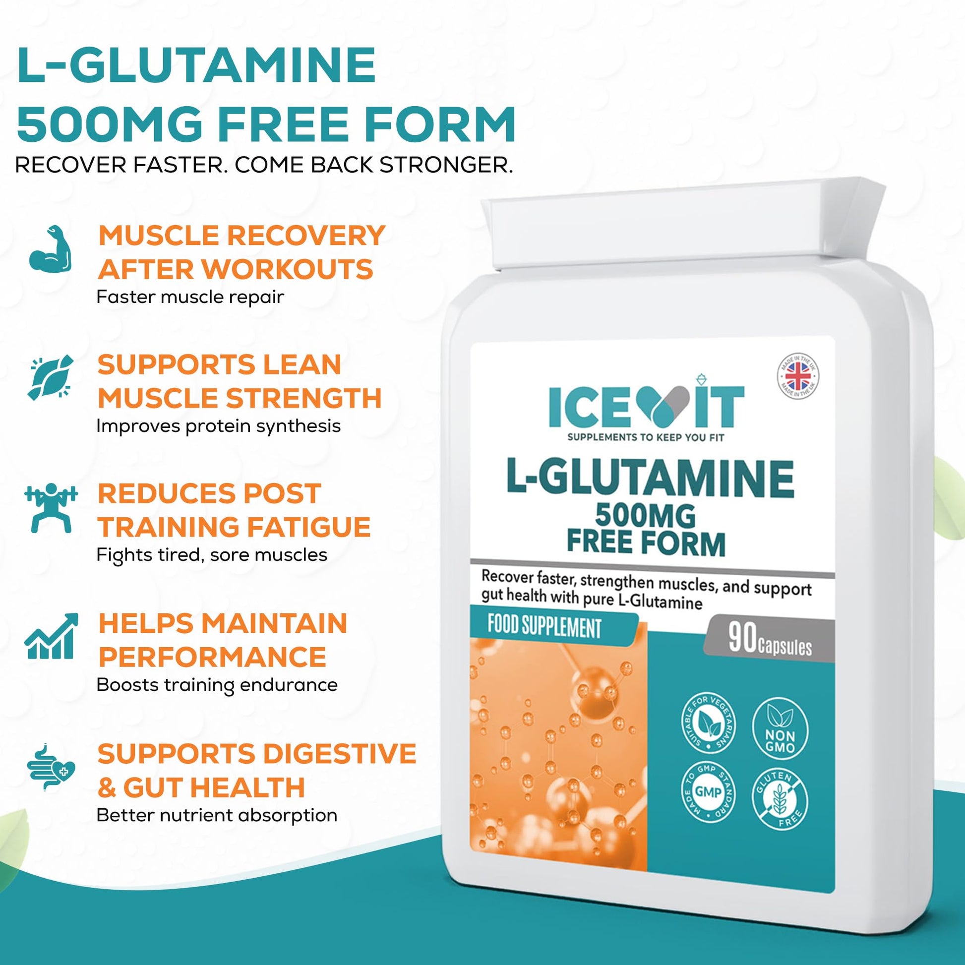Icevit L-Glutamine supplement packaging with features listed on a white background