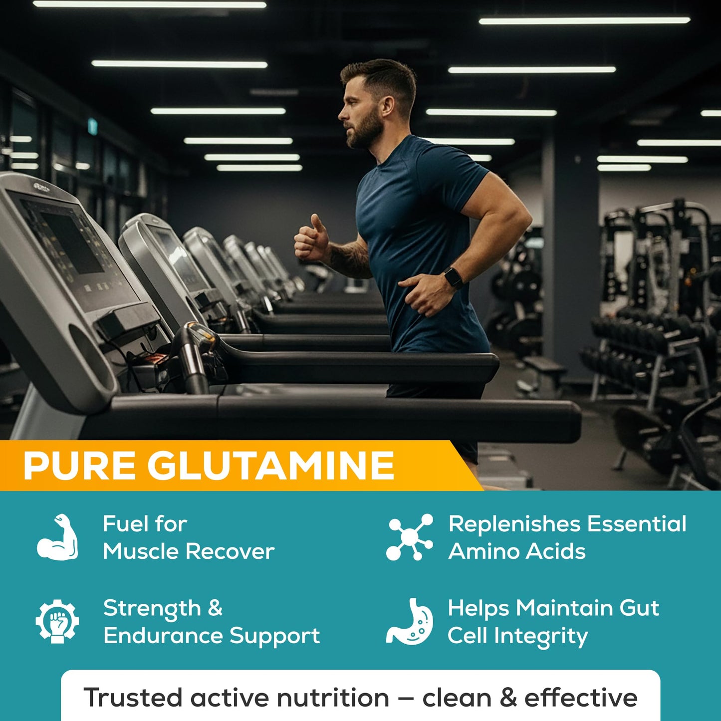 Man running on a treadmill in a gym with text about pure glutamine benefits.