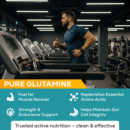 Man running on a treadmill in a gym with text about pure glutamine benefits.