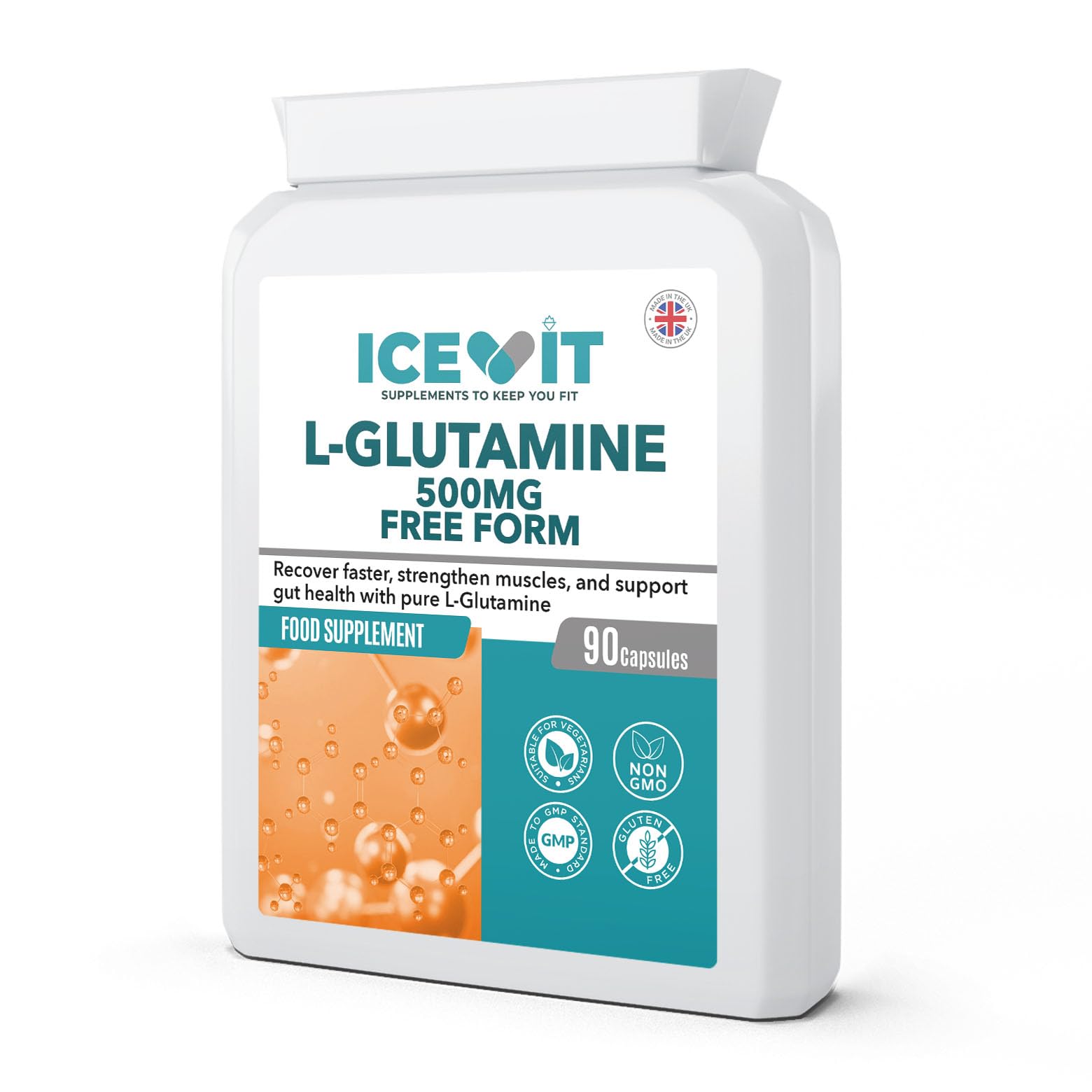 Icevit L-Glutamine supplement container on a white background