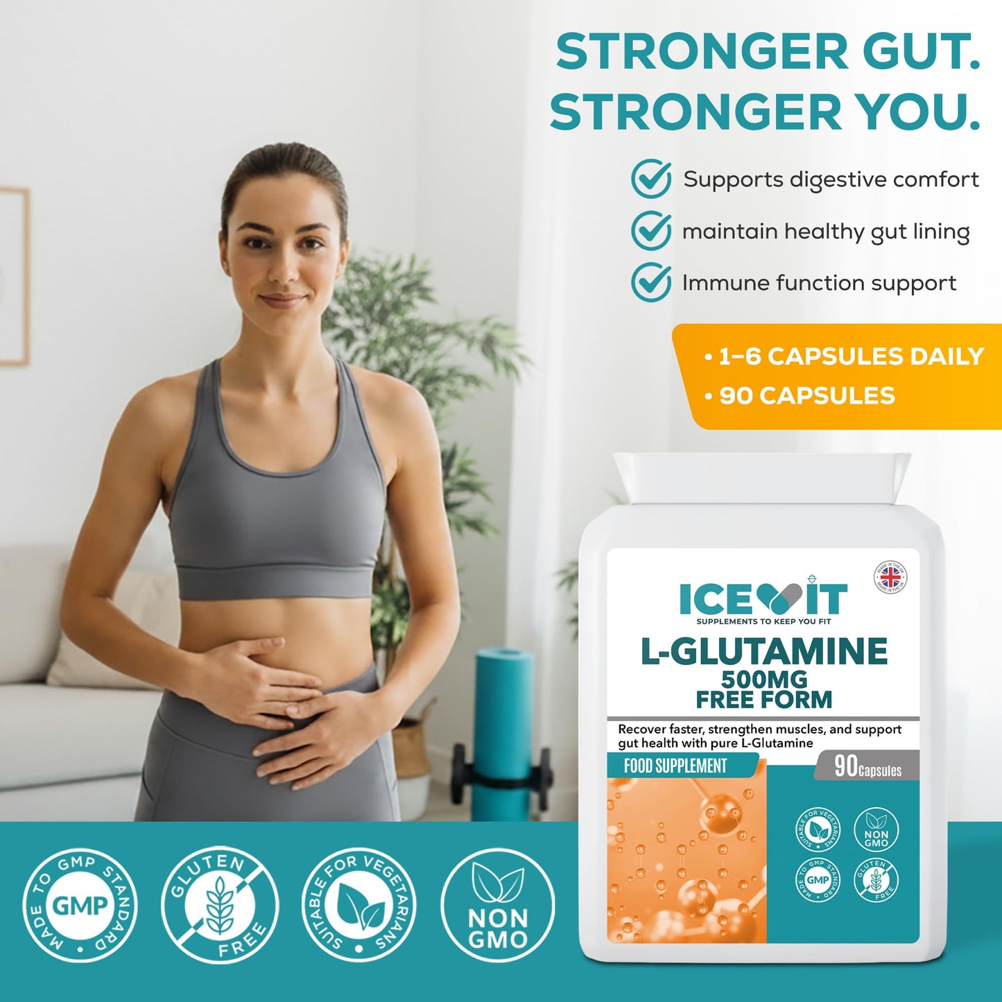 Woman standing next to a bottle of Icevit L-Glutamine supplement with promotional text on a white background.