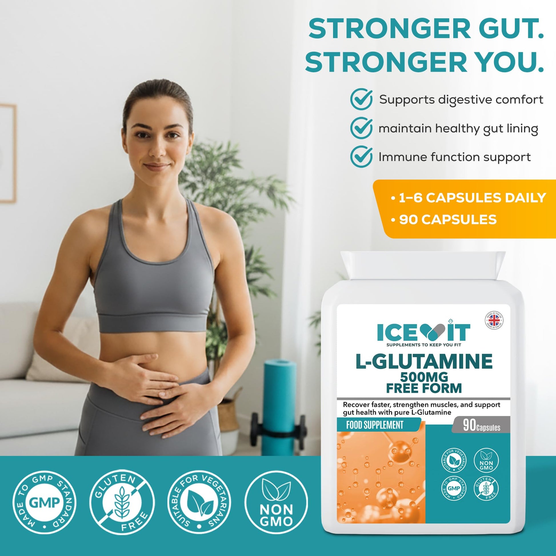 Woman standing next to a bottle of Icevit L-Glutamine supplement with promotional text on a white background.