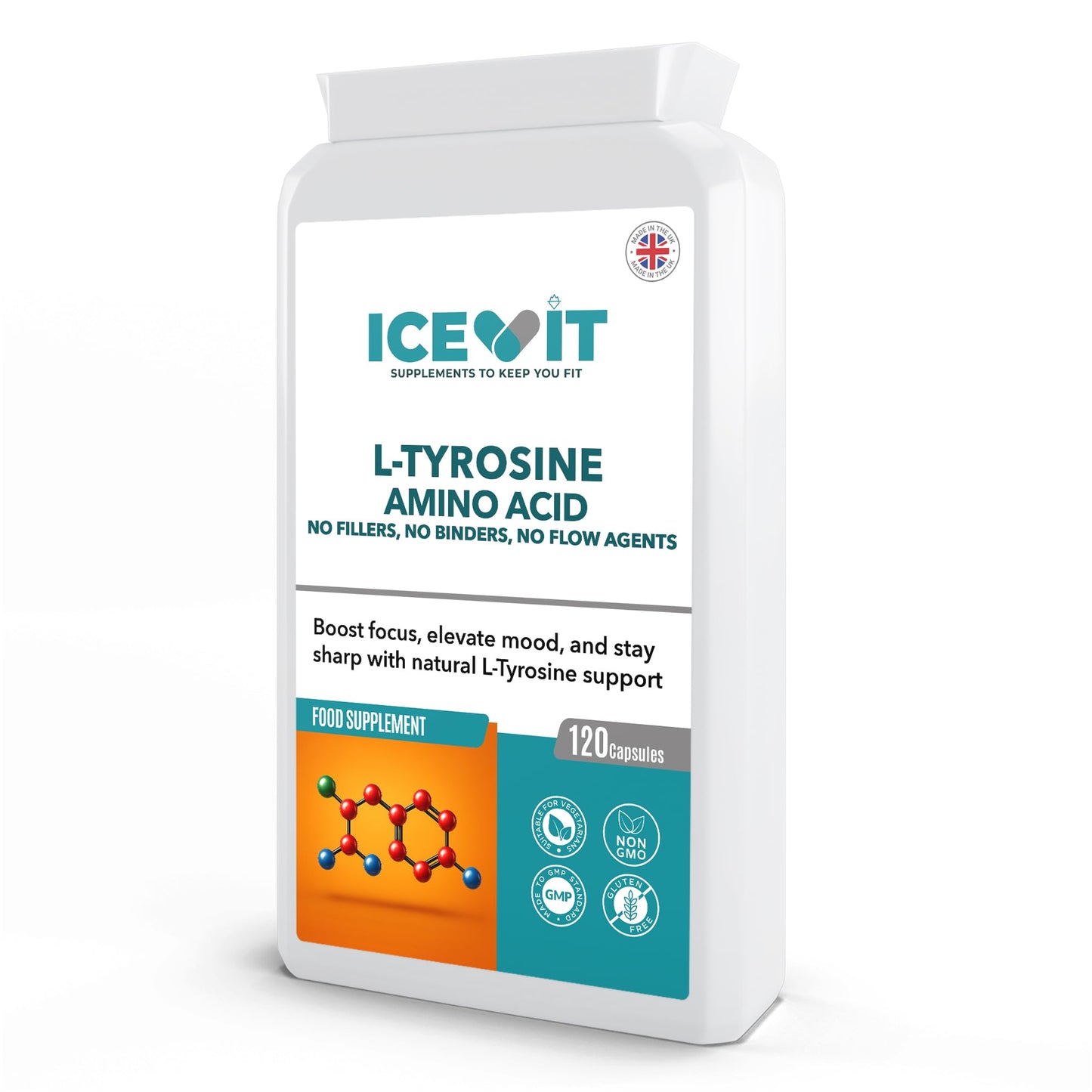 Icevit L-Tyrosine amino acid supplement packaging on a white background
