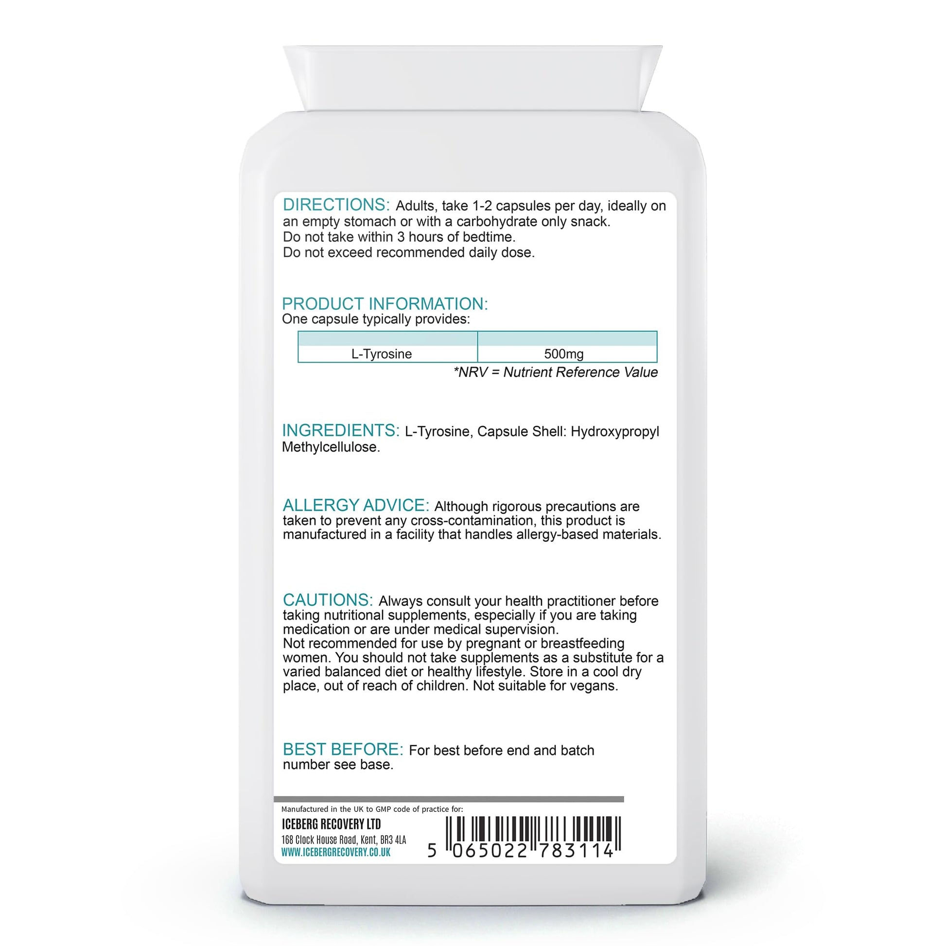 Supplement bottle label with directions, product information, and allergy advice on a white background