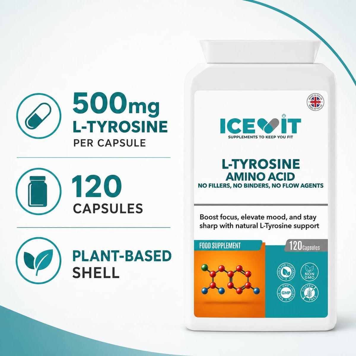 ICEVIT L-Tyrosine 500mg bottle with 120 capsules and plant-based shell details