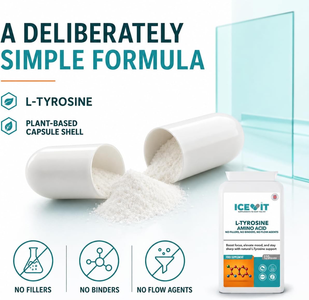 Open capsule showing the simple L-Tyrosine formula without fillers, binders or flow agents