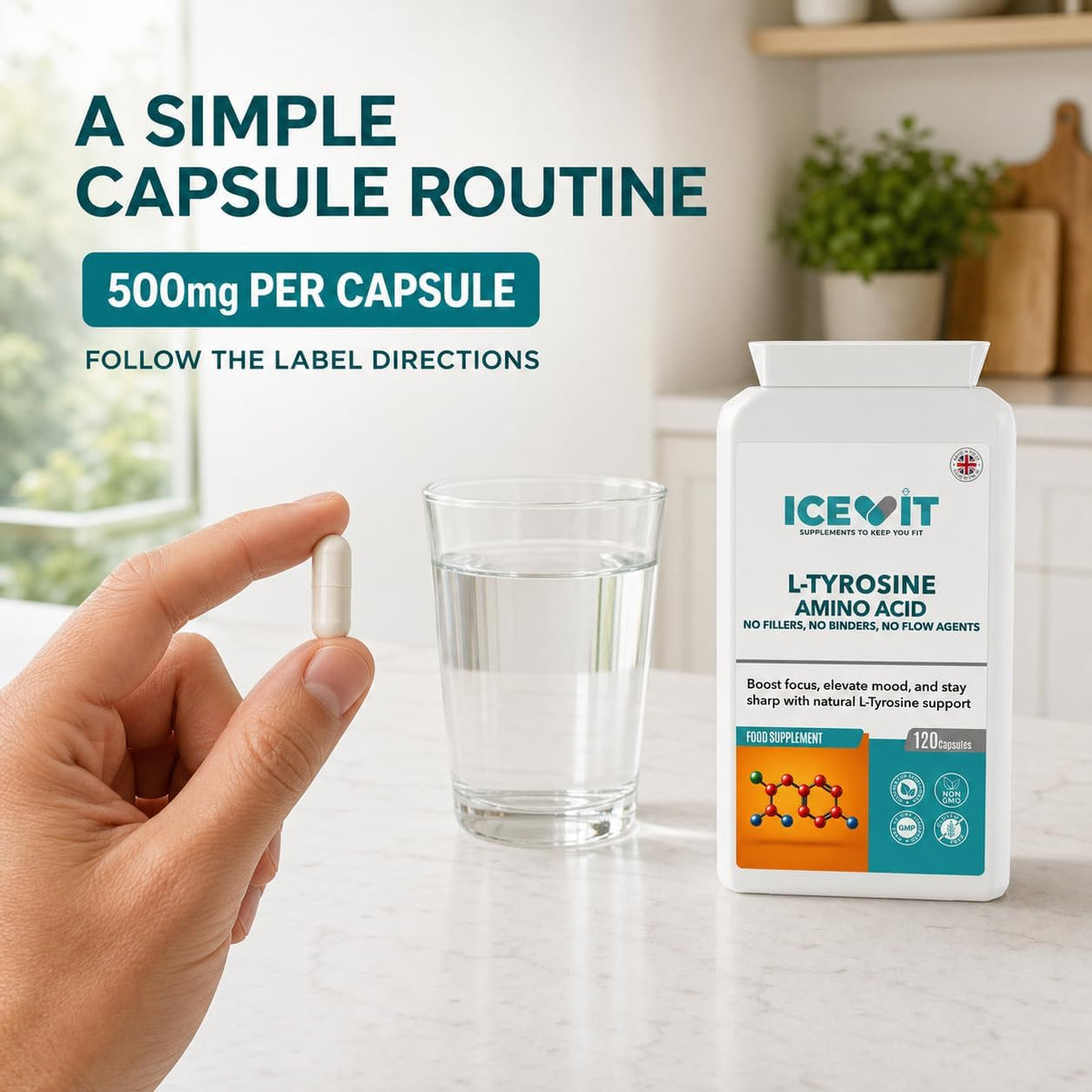 Hand holding an L-Tyrosine capsule beside a glass of water and ICEVIT bottle