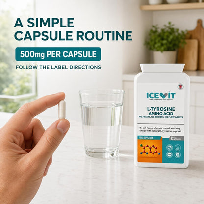 Hand holding an L-Tyrosine capsule beside a glass of water and ICEVIT bottle