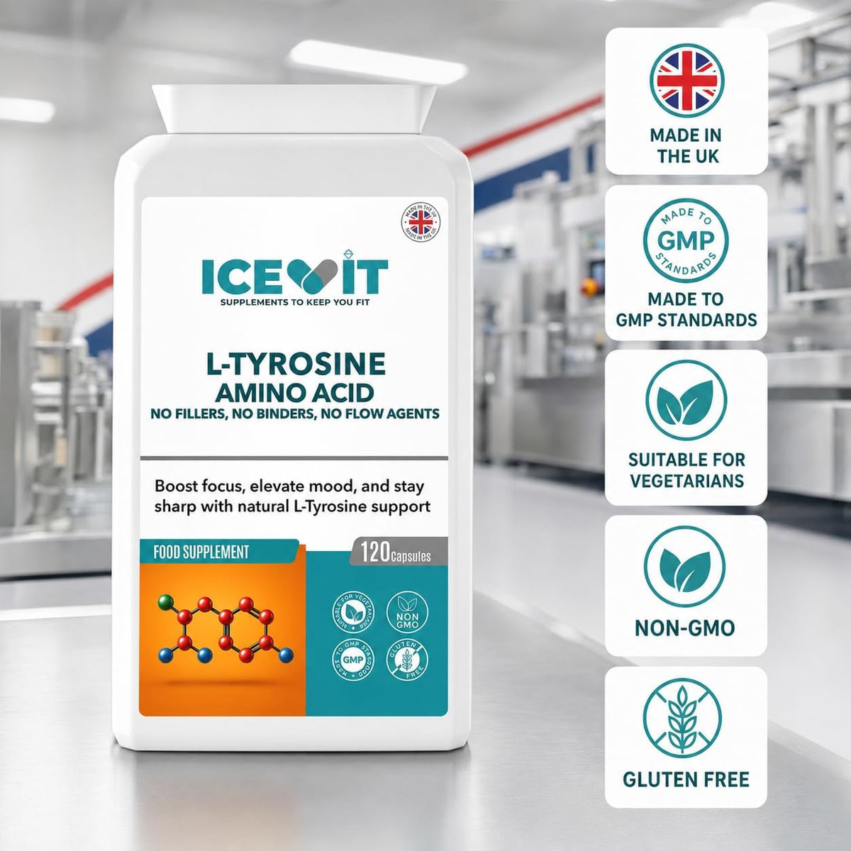 ICEVIT L-Tyrosine bottle with UK-made, GMP, vegetarian, non-GMO and gluten-free badges