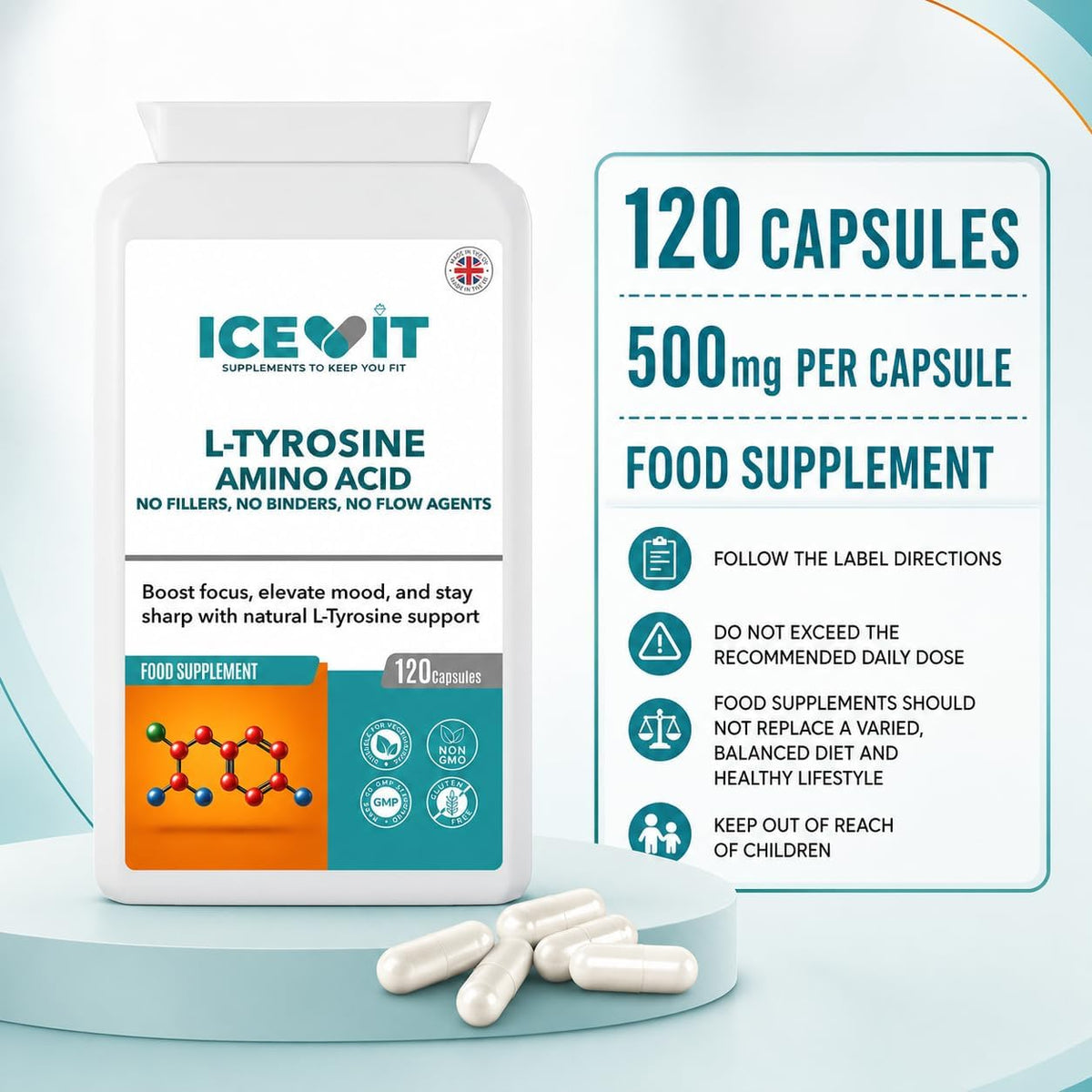 ICEVIT L-Tyrosine 500mg bottle with white capsules