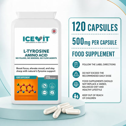 ICEVIT L-Tyrosine 500mg bottle with white capsules