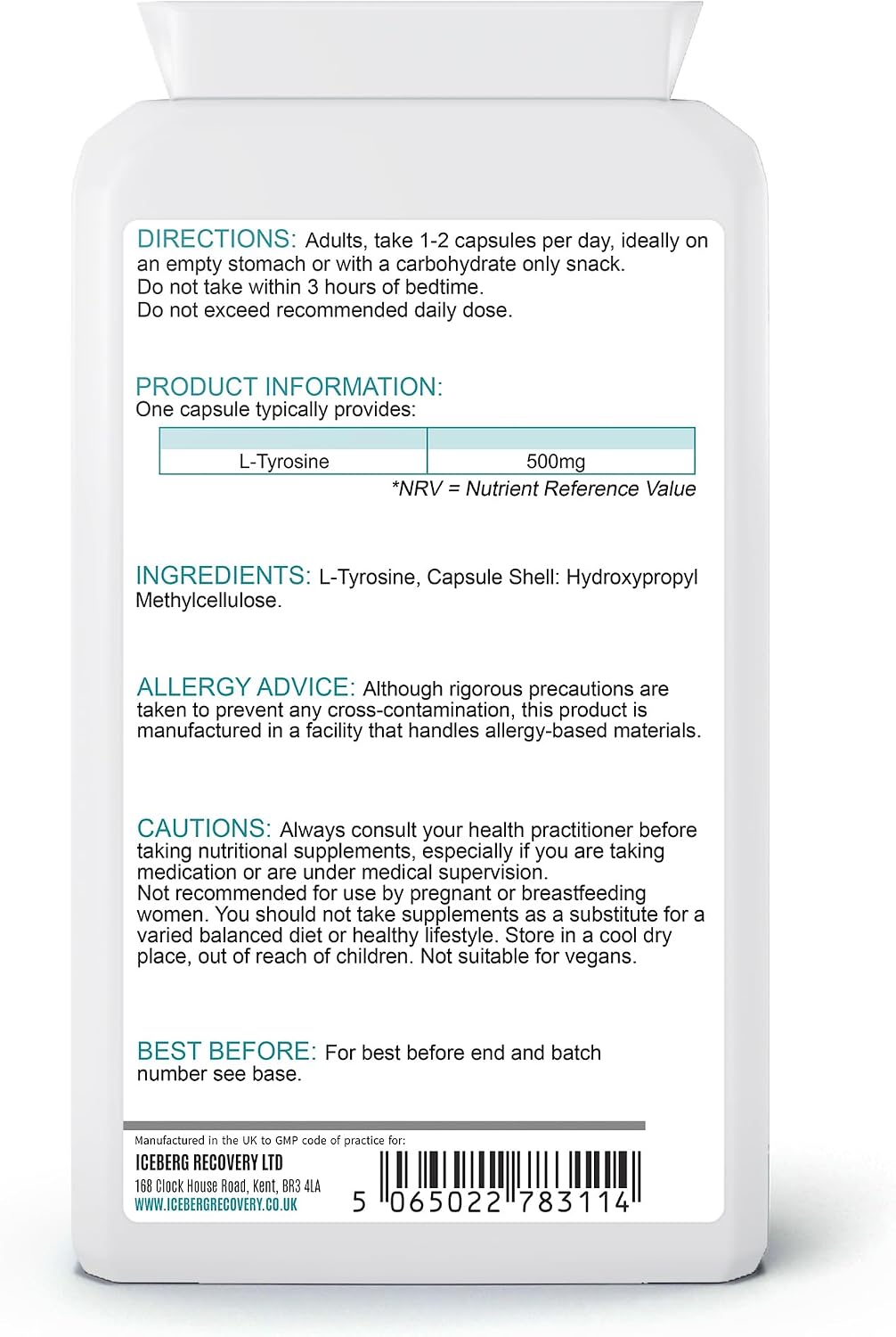 ICEVIT L-Tyrosine back label showing ingredients, directions and cautions