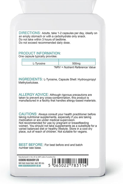 ICEVIT L-Tyrosine back label showing ingredients, directions and cautions