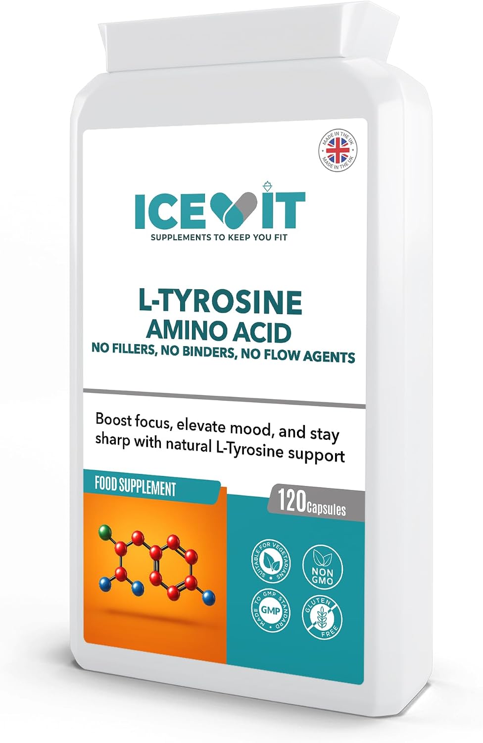 ICEVIT L-Tyrosine 120-capsule bottle shown at an angle