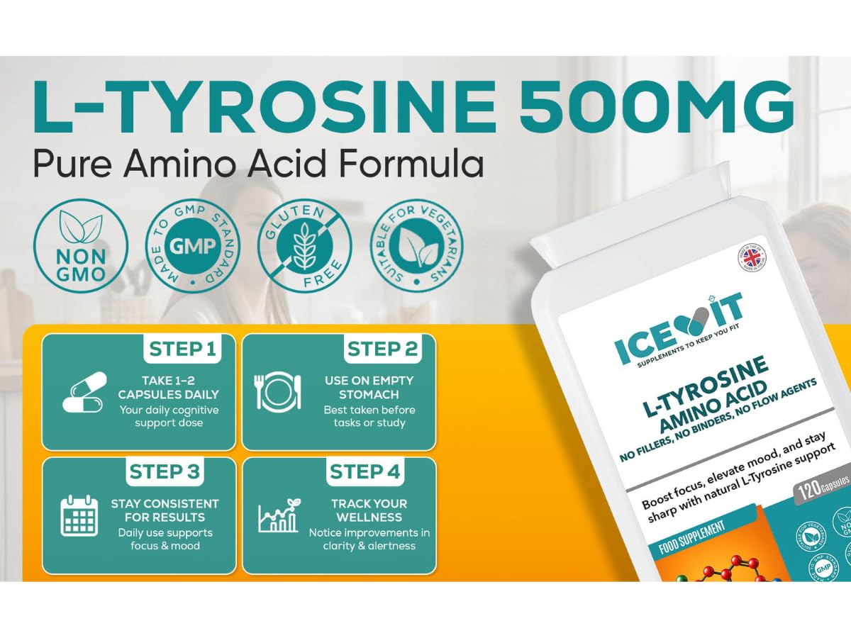 L-Tyrosine 500MG supplement packaging with branding and product details.
