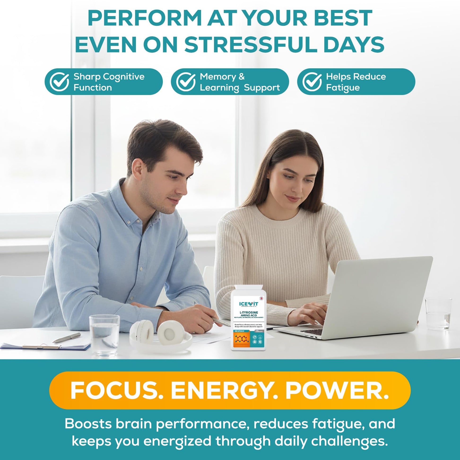 Two people working on a laptop with a supplement container on a desk, text about cognitive benefits.