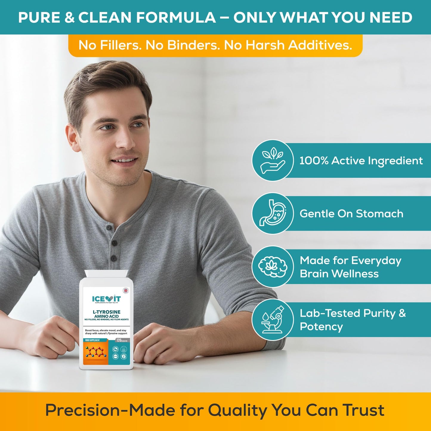 Man holding a supplement bottle with product features listed on a white background