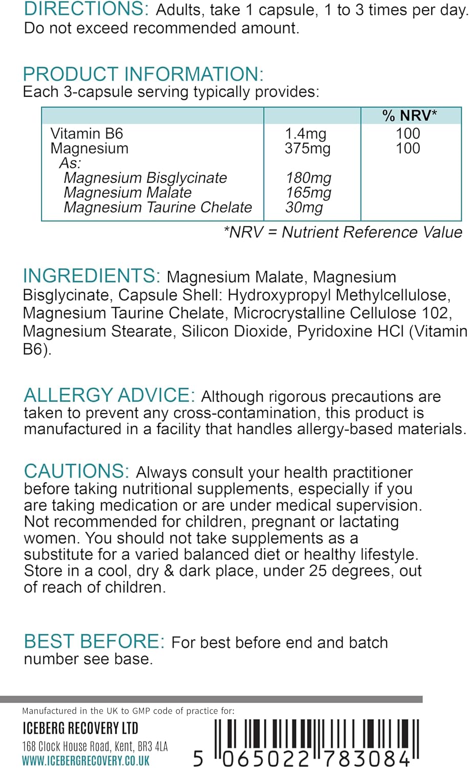 ICEVIT Magnesium Complex: Back label showing 375mg magnesium per three capsules and daily directions