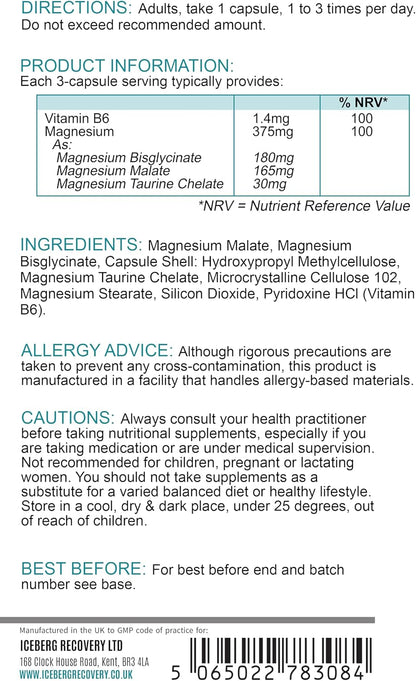 ICEVIT Magnesium Complex: Back label showing 375mg magnesium per three capsules and daily directions