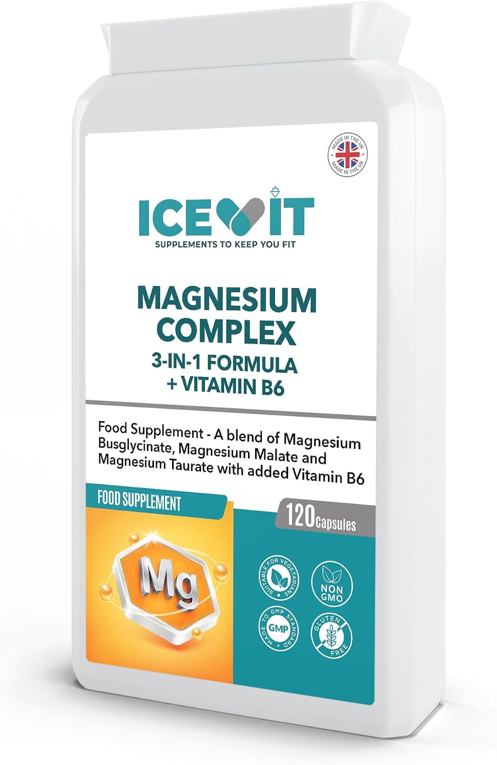 ICEVIT Magnesium Complex: Angled pack showing magnesium complex with vitamin B6