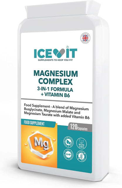 ICEVIT Magnesium Complex: Angled pack showing magnesium complex with vitamin B6