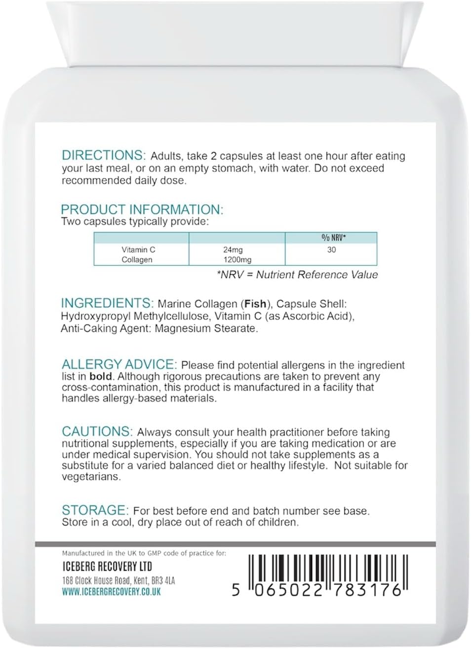 ICEVIT Marine Collagen: Back label showing marine collagen, vitamin C and fish allergen