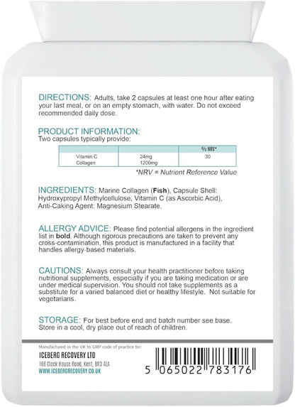 ICEVIT Marine Collagen: Back label showing marine collagen, vitamin C and fish allergen
