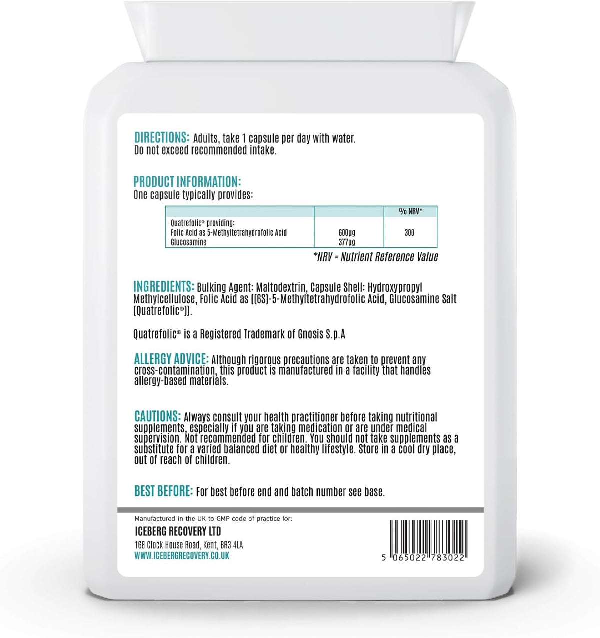 ICEVIT Methyl Folate: Back label showing 600µg folate as Quatrefolic, ingredients and directions