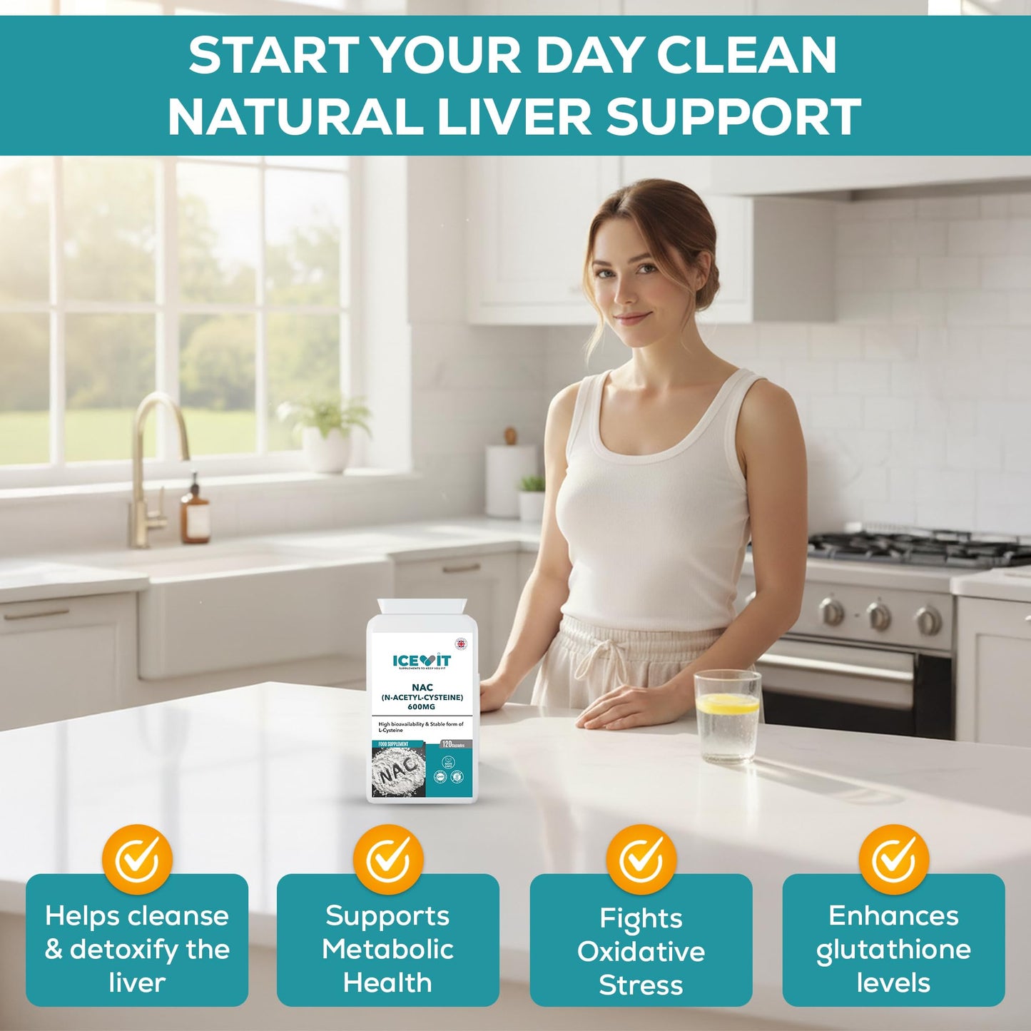 Woman standing in a kitchen with a supplement container labeled 'ICEVIT' and text about natural liver support.