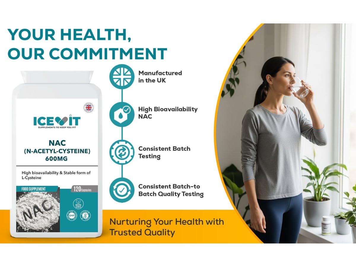 Advertisement for ICEVIT NAC supplement with a woman drinking water in a home setting.