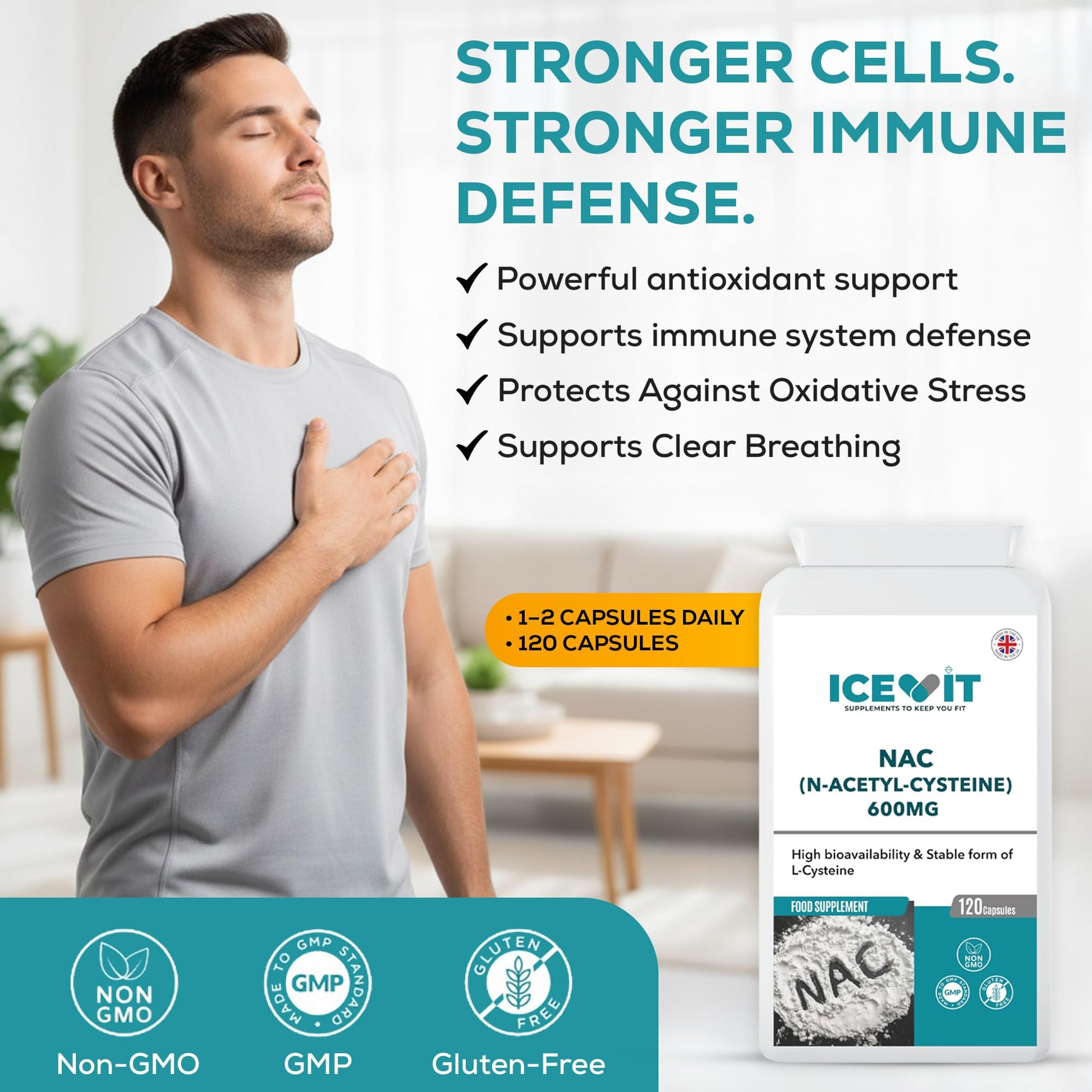Man with a relaxed expression next to an ICEVIT NAC supplement package with product features listed.