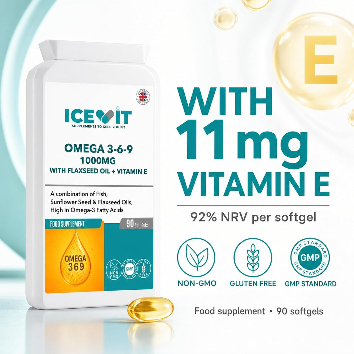 ICEVIT Omega 3-6-9: 11mg vitamin E and 92% nutrient reference value per softgel