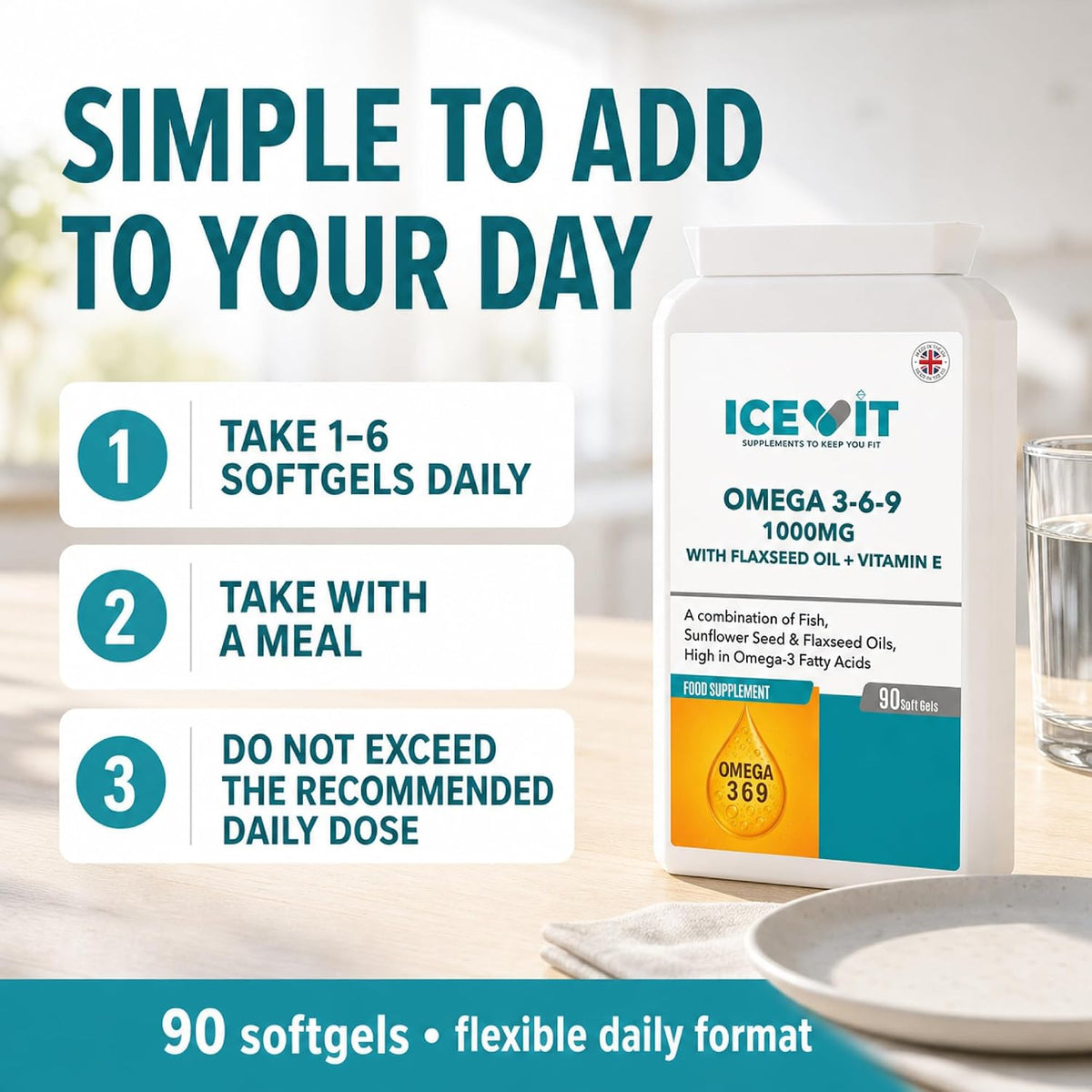 ICEVIT Omega 3-6-9: One-to-six softgels daily usage guide