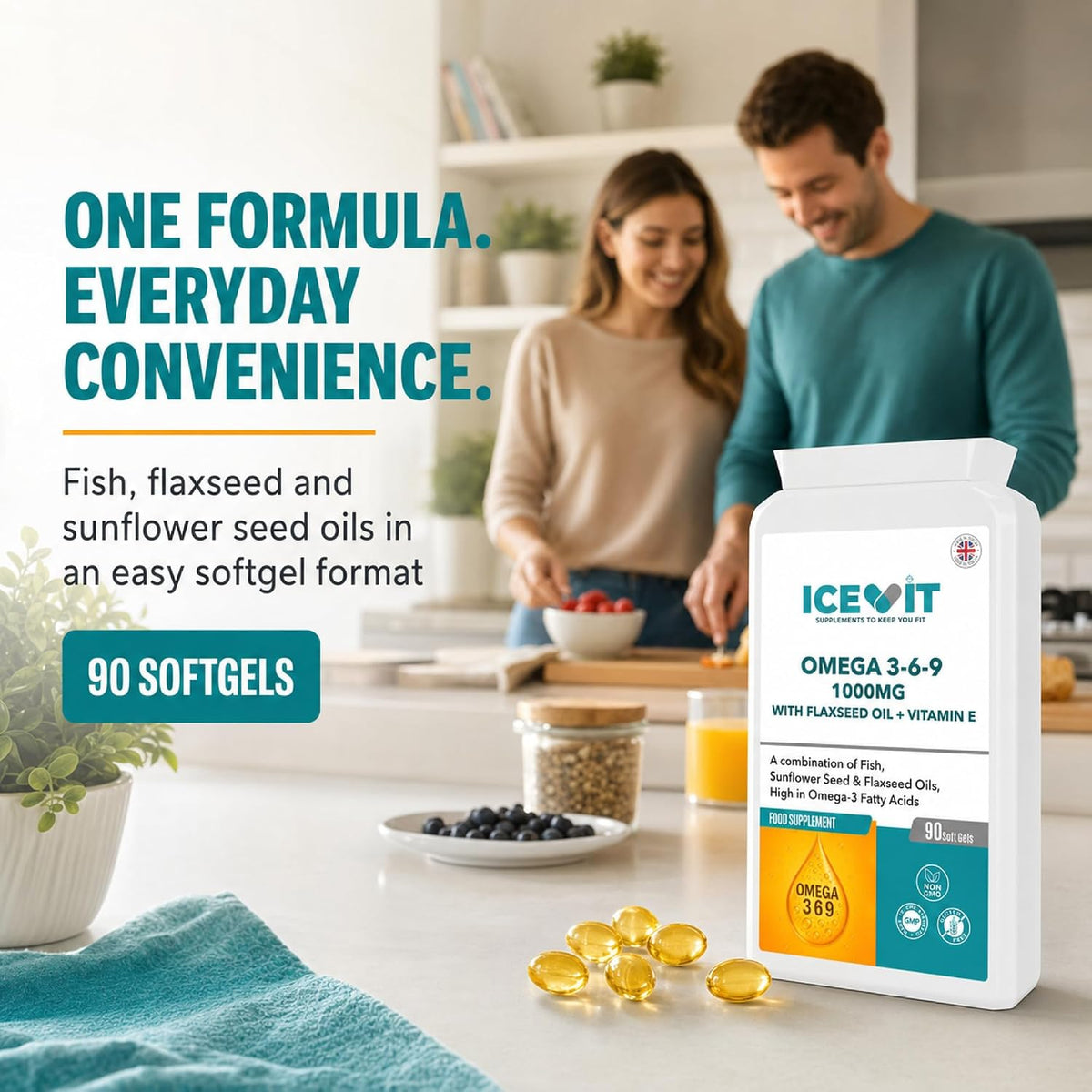 ICEVIT Omega 3-6-9: Omega oil blend shown with two adults preparing food