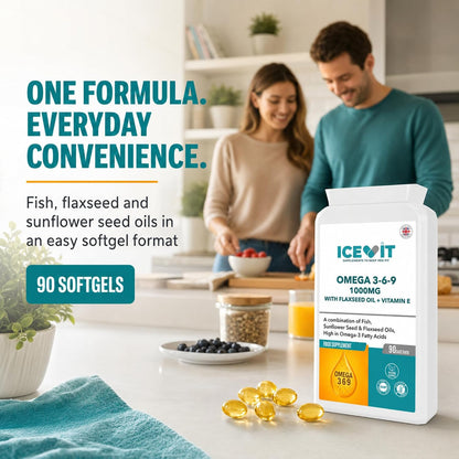 ICEVIT Omega 3-6-9: Omega oil blend shown with two adults preparing food