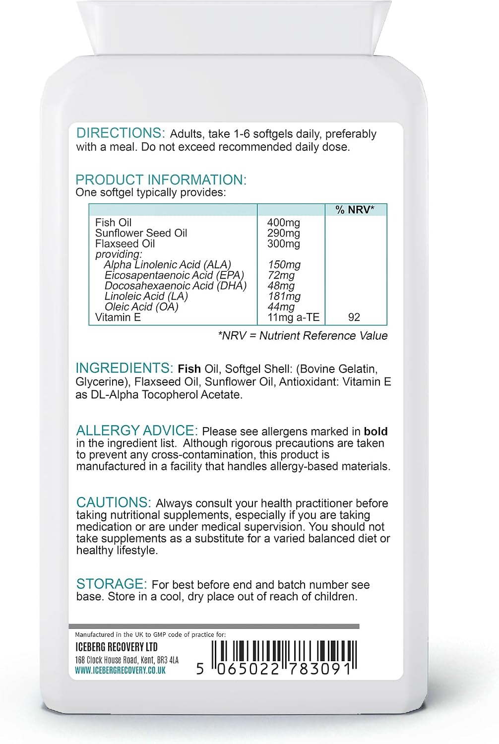 ICEVIT Omega 3-6-9: Back label with oil amounts, ingredients and fish allergen